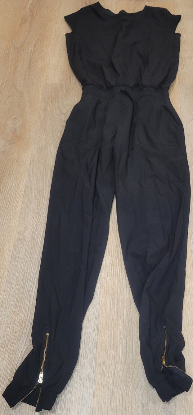 Albion Fit Black Jet Setter Jumpsuit XS TALL Gold Zippers Drawstring Waist CC